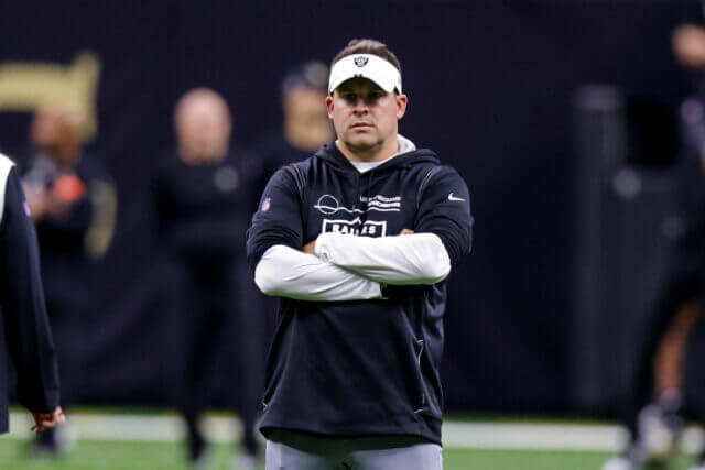 Oct 30, 2022; New Orleans, Louisiana, USA; Las Vegas Raiders head coach Josh McDaniels looks on against the New Orleans Saints during the first half at Caesars Superdome. Mandatory Credit: Stephen Lew-USA TODAY Sports Josh McDaniels, Raiders