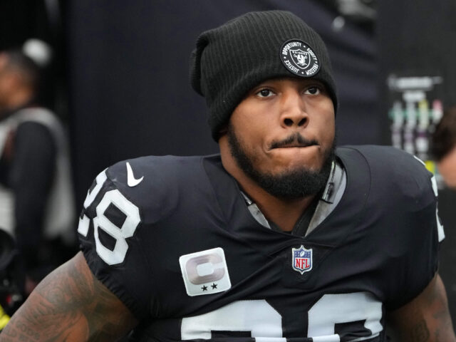 Dec 18, 2022; Paradise, Nevada, USA; Las Vegas Raiders running back Josh Jacobs (28) warms up before a game against the New England Patriots at Allegiant Stadium. Mandatory Credit: Stephen R. Sylvanie-USA TODAY Sports Josh Jacobs, Raiders