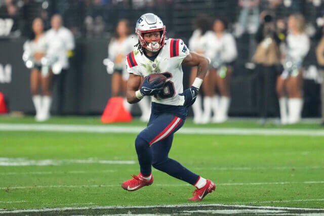 Dec 18, 2022; Paradise, Nevada, USA; New England Patriots wide receiver Jakobi Meyers (16) gains yardage against the Las Vegas Raiders during the second half at Allegiant Stadium. Mandatory Credit: Stephen R. Sylvanie-USA TODAY Sports Jakobi Meyers, Raiders