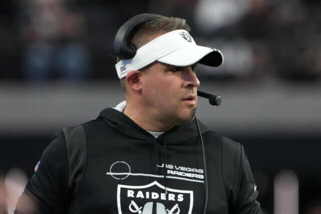 Jan 7, 2023; Paradise, Nevada, USA; Las Vegas Raiders coach Josh McDaniels watches from the sidelines against the Kansas City Chiefs in the first half at Allegiant Stadium. Mandatory Credit: Kirby Lee-USA TODAY Sports Josh McDaniels, Raiders