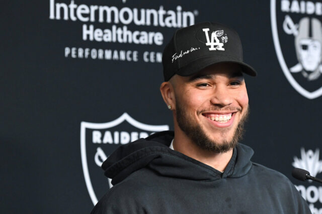 Mar 16, 2023; Henderson, NV, USA; New Las Vegas Raiders safety Marcus Epps speaks to the media at Intermountain Healthcare Performance Center. Mandatory Credit: Candice Ward-USA TODAY Sports Marcus Epps, Raiders