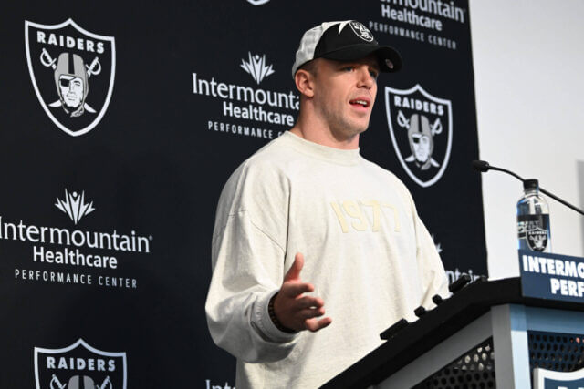 Mar 16, 2023; Henderson, NV, USA; New Las Vegas Raiders linebacker Robert Spillane speaks to the media at Intermountain Healthcare Performance Center. Mandatory Credit: Candice Ward-USA TODAY Sports Robert Spillane, Raiders
