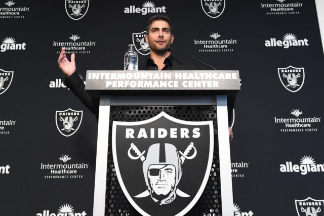 Mar 17, 2023; Henderson, NV, USA; New Las Vegas Raiders quarterback Jimmy Garoppolo speaks to the media at Intermountain Healthcare Performance Center. Mandatory Credit: Candice Ward-USA TODAY Sports Jimmy Garoppolo, Raiders