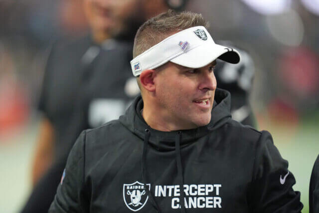 Oct 23, 2022; Paradise, Nevada, USA; Las Vegas Raiders head coach Josh McDaniels walks off the field after the Raiders defeated the Houston Texans 38-20 at Allegiant Stadium. Mandatory Credit: Stephen R. Sylvanie-USA TODAY Sports Josh McDaniels, Raiders