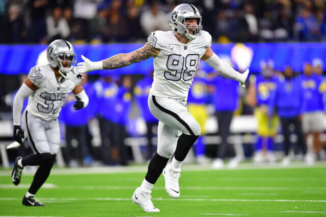 Dec 8, 2022; Inglewood, California, USA; Las Vegas Raiders defensive end Maxx Crosby (98) reacts after a defensive play against the Los Angeles Rams during the second half at SoFi Stadium. Mandatory Credit: Gary A. Vasquez-USA TODAY Sports Maxx Crosby, Raiders
