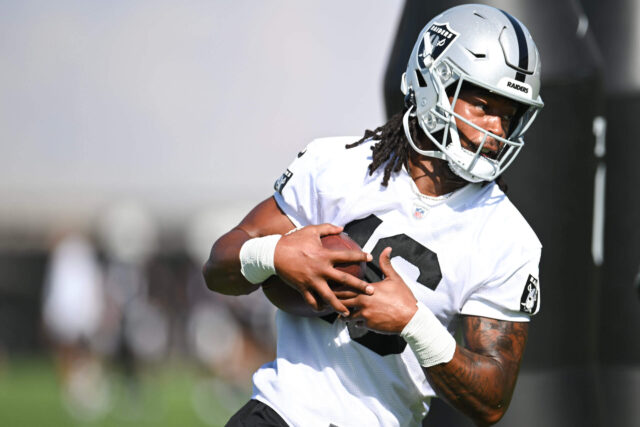 Jul 26, 2023; Las Vegas, Nevada, USA; Las Vegas Raiders wide receiver Jakobi Meyers (16) runs a drill during training camp at the Intermountain Health Performance Center. Mandatory Credit: Candice Ward-USA TODAY Sports Jakobi Meyers, Raiders