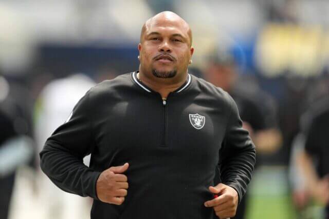 Sep 8, 2024; Inglewood, California, USA; Las Vegas Raiders coach Antonio Pierce reacts in the first half against the Los Angeles Chargers at SoFi Stadium. Mandatory Credit: Kirby Lee-Imagn Images Antonio Pierce, Raiders