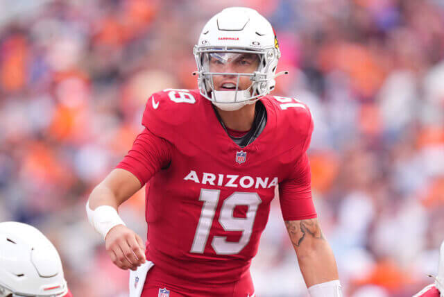 Aug 25, 2024; Denver, Colorado, USA; Arizona Cardinals quarterback Desmond Ridder (19) during the second half against the Denver Broncos at Empower Field at Mile High. Mandatory Credit: Ron Chenoy-USA TODAY Sports Desmond Ridder, Raiders