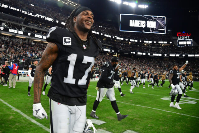 Nov 12, 2023; Paradise, Nevada, USA; Las Vegas Raiders wide receiver Davante Adams (17) celebrates the victory against the New York Jets at Allegiant Stadium. Mandatory Credit: Gary A. Vasquez-USA TODAY Sports Davante Adams, Raiders, Jets