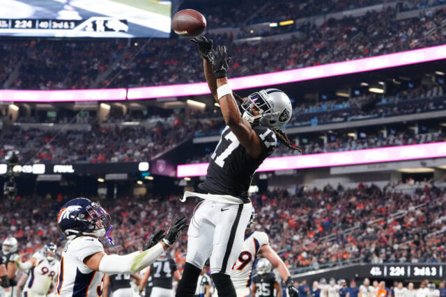 Jan 7, 2024; Paradise, Nevada, USA; Las Vegas Raiders wide receiver Davante Adams (17) misses a pass in the end zone against the Denver Broncos during the fourth quarter at Allegiant Stadium. Mandatory Credit: Stephen R. Sylvanie-USA TODAY Sports Davante Adams, Raiders