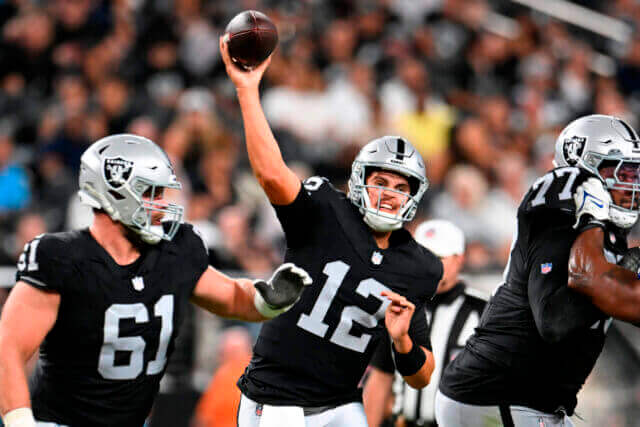 Aug 17, 2024; Paradise, Nevada, USA; Las Vegas Raiders quarterback Aidan O'Connell (12) throws the ball against the Dallas Cowboys in the third quarter at Allegiant Stadium. Mandatory Credit: Candice Ward-USA TODAY Sports Aidan O'Connell, Raiders
