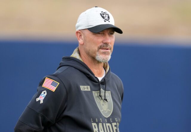 Aug 19, 2021; Thousand Oaks, CA, USA; Las Vegas Raiders defensive coordinator Gus Bradley reacts during a joint practice against the Los Angeles Rams. Mandatory Credit: Kirby Lee-USA TODAY Sports Gus Bradley, Raiders