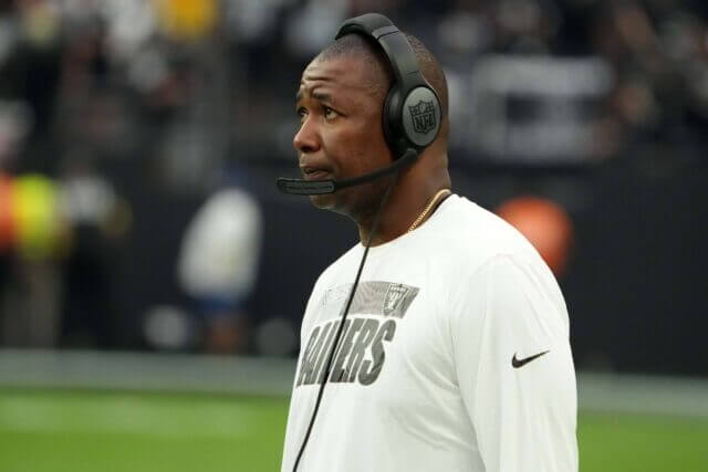 Sep 18, 2022; Paradise, Nevada, USA; Las Vegas Raiders defensive coordinator Patrick Graham reacts in the second half against the Arizona Cardinals at Allegiant Stadium. Mandatory Credit: Kirby Lee-USA TODAY Sports Patrick Graham, Raiders