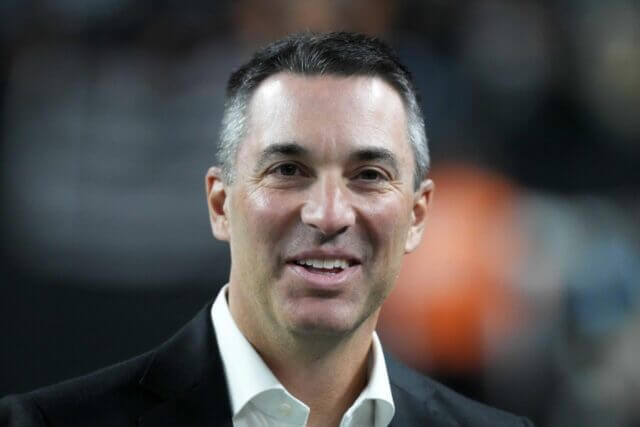 Dec 16, 2024; Paradise, Nevada, USA; Las Vegas Raiders general manager Tom Telesco reacts during the game against the Atlanta Falcons at Allegiant Stadium. Mandatory Credit: Kirby Lee-Imagn Images Tom Telesco, Raiders