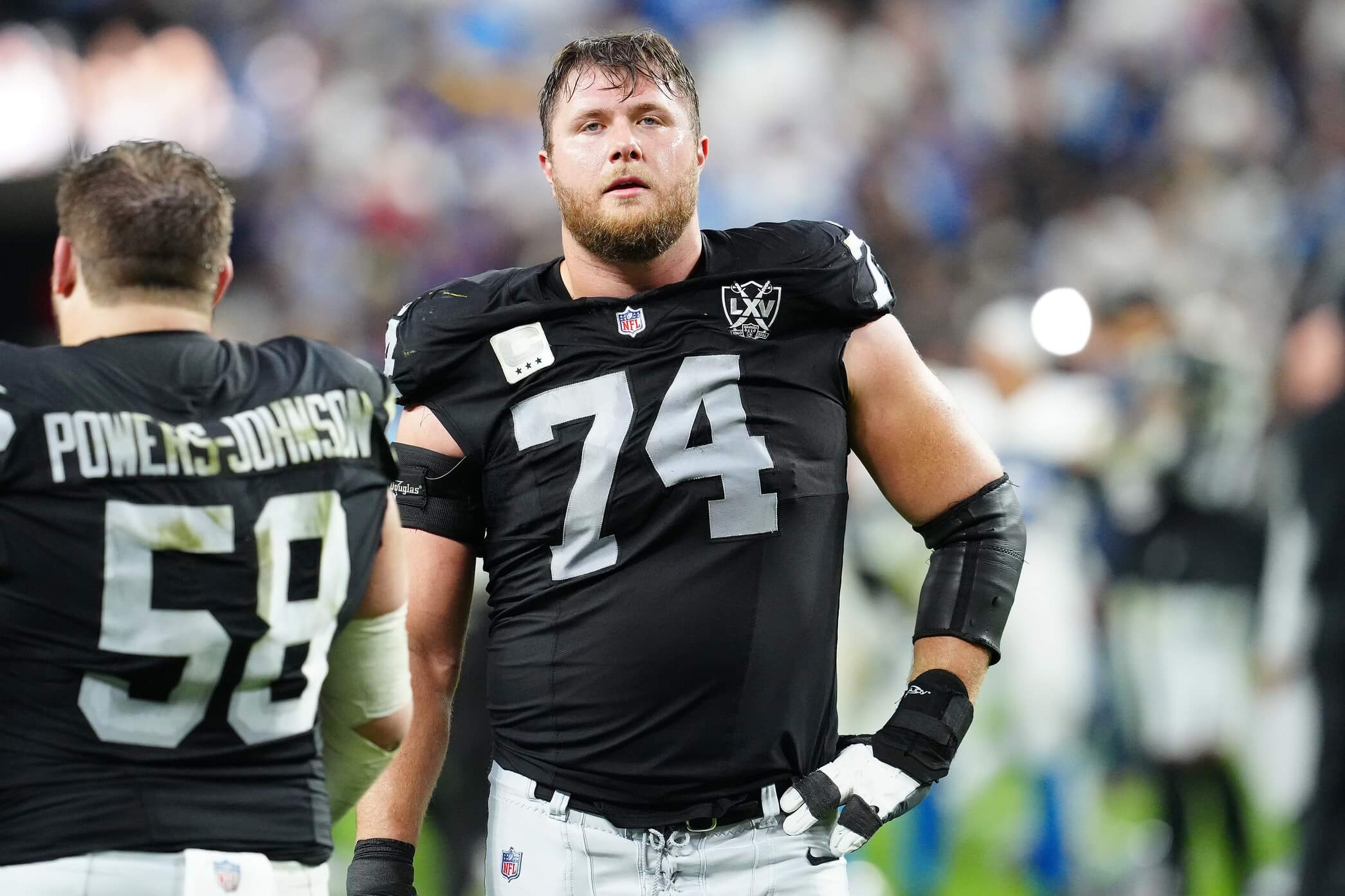 Jan 5, 2025; Paradise, Nevada, USA; Las Vegas Raiders offensive tackle Kolton Miller (74) reacts after the Raiders were defeated by the Los Angeles Chargers 34-20 at Allegiant Stadium. Mandatory Credit: Stephen R. Sylvanie-Imagn Images Kolton Miller, Raiders