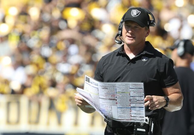 Sep 19, 2021; Pittsburgh, Pennsylvania, USA; Las Vegas Raiders head coach Jon Gruden looks on from the sidelines against the Pittsburgh Steelers during the second quarter at Heinz Field. Las Vegas won 26-17. Mandatory Credit: Charles LeClaire-USA TODAY Sports Jon Gruden, Raiders