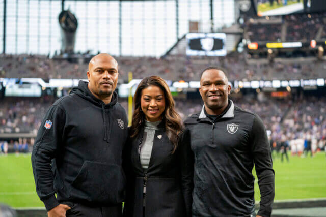 November 5, 2023; Paradise, Nevada, USA; (L-R) Las Vegas Raiders interim head coach Antonio Pierce, president Sandra Douglass Morgan, and interim general manager Champ Kelly pose for a photo before the game against the New York Giants at Allegiant Stadium. Mandatory Credit: Kyle Terada-USA TODAY Sports Antonio Pierce, Champ Kelly, Raiders, Sandra Douglass Morgan
