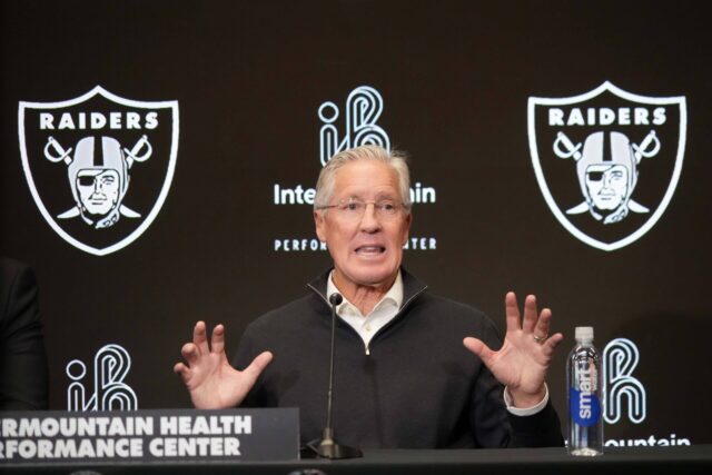 Jan 27, 2025; Las Vegas, NV, USA; Las Vegas Raiders coach Pete Carroll at press conference at Intermountain Health Performance Center. Mandatory Credit: Kirby Lee-Imagn Images Pete Carroll, Raiders