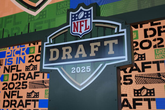 Apr 23, 2025; Green Bay, WI, USA; A general overall view of the 2025 NFL Draft logo on the Draft stage at Lambeau Field. Mandatory Credit: Kirby Lee-Imagn Images NFL Draft, Raiders
