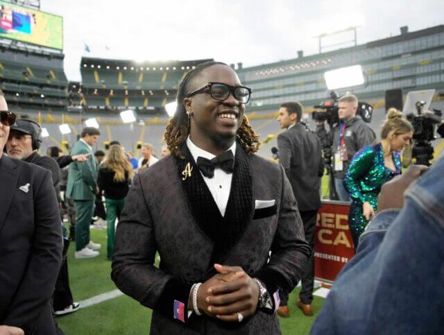 NFL draft prospect, Ashton Jeanty of Boise State, during the NFL Draft Red Carpet event at Lambeau Field in Green Bay on Thursday, April 24, 2025. Ashton Jeanty, Raiders