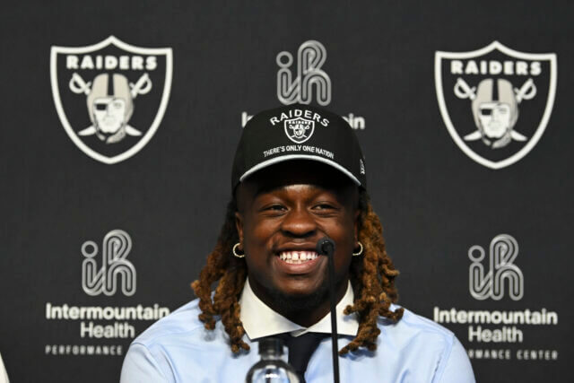 Apr 25, 2025; Henderson, NV, USA; Las Vegas Raiders first round draft pick in the 2025 NFL Draft Ashton Jeanty, speaks to the media at Intermountain Health Performance Center. Mandatory Credit: Candice Ward-Imagn Images Ashton Jeanty, Raiders