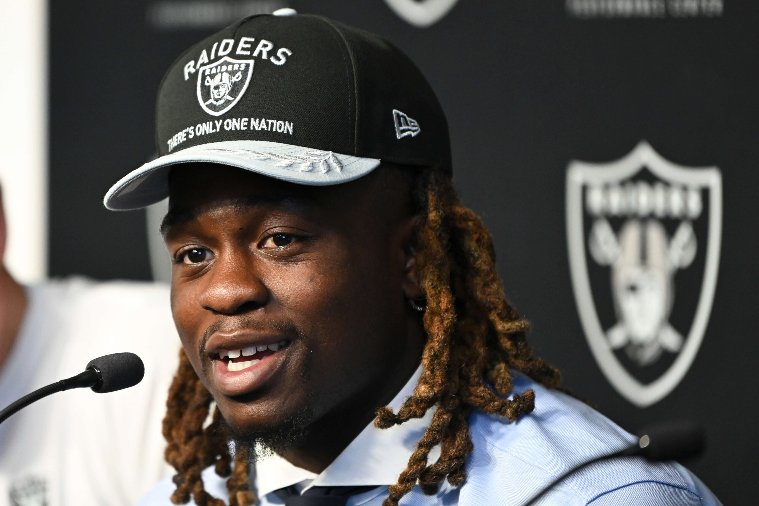 Apr 25, 2025; Henderson, NV, USA; Las Vegas Raiders first round draft pick in the 2025 NFL Draft Ashton Jeanty, speaks to the media at Intermountain Health Performance Center. Mandatory Credit: Candice Ward-Imagn Images Ashton Jeanty, Raiders