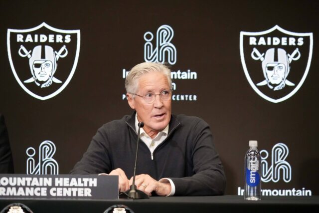 Jan 27, 2025; Las Vegas, NV, USA; Las Vegas Raiders coach Pete Carroll at press conference at Intermountain Health Performance Center. Mandatory Credit: Kirby Lee-Imagn Images Pete Carroll, Raiders