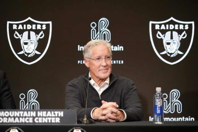 Jan 27, 2025; Las Vegas, NV, USA; Las Vegas Raiders coach Pete Carroll at press conference at Intermountain Health Performance Center. Mandatory Credit: Kirby Lee-Imagn Images Pete Carroll, Raiders