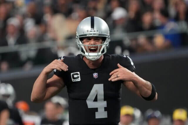 Dec 4, 2022; Paradise, Nevada, USA; Las Vegas Raiders quarterback Derek Carr (4) reacts against the Los Angeles Chargers in the second half at Allegiant Stadium. The Raiders defeated the Chargers 27-20. Mandatory Credit: Kirby Lee-USA TODAY Sports Derek Carr, Raiders