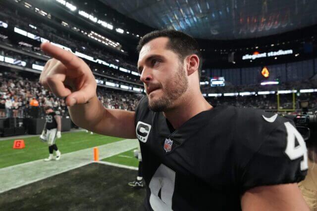 Dec 4, 2022; Paradise, Nevada, USA; Las Vegas Raiders quarterback Derek Carr (4) gestures after the game against the Los Angeles Chargers at Allegiant Stadium. The Raiders defeated the Chargers 27-20. Mandatory Credit: Kirby Lee-USA TODAY Sports Derek Carr, Raiders
