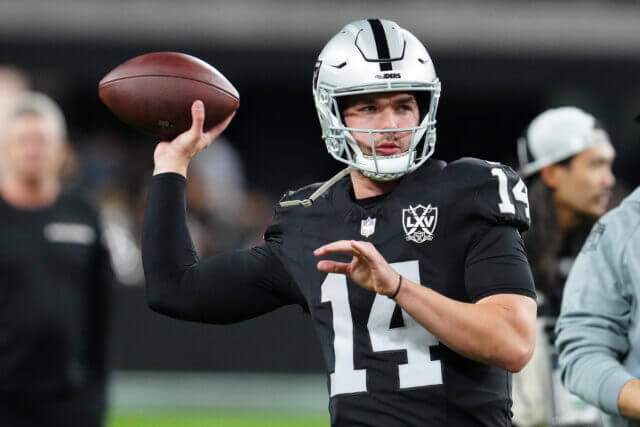 Dec 16, 2024; Paradise, Nevada, USA; Las Vegas Raiders quarterback Carter Bradley (14) warms up before a game against the Las Vegas Raiders at Allegiant Stadium. Mandatory Credit: Stephen R. Sylvanie-Imagn Images Carter Bradley, Raiders
