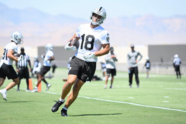 Jun 10, 2025; Henderson, NV, USA; Las Vegas Raiders wide receiver Jack Bech (18) runs a drill during Las Vegas Raiders Minicamp at Intermountain Health Performance Center. Mandatory Credit: Candice Ward-Imagn Images Jack Bech, Raiders