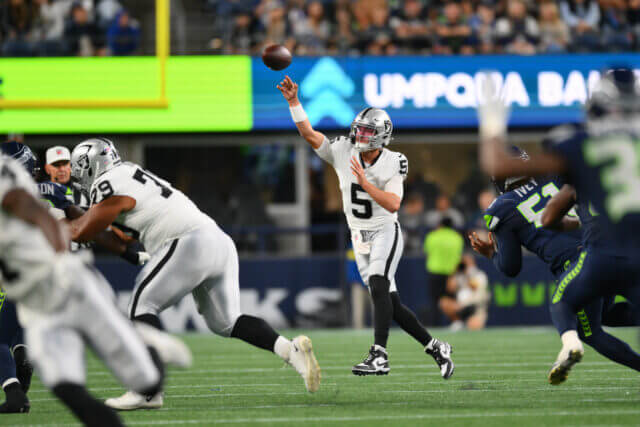 Aug 7, 2025; Seattle, Washington, USA; Las Vegas Raiders quarterback Cam Miller (5) passes the ball against the Seattle Seahawks during the second half at Lumen Field. Mandatory Credit: Steven Bisig-Imagn Images Cam Miller, Raiders
