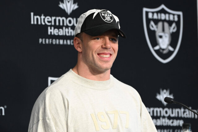 Mar 16, 2023; Henderson, NV, USA; New Las Vegas Raiders linebacker Robert Spillane speaks to the media at Intermountain Healthcare Performance Center. Mandatory Credit: Candice Ward-USA TODAY Sports Robert Spillane, Raiders