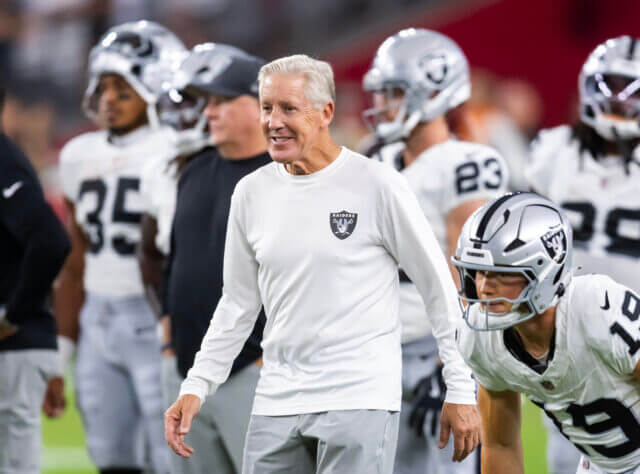 Aug 23, 2025; Glendale, Arizona, USA; Las Vegas Raiders head coach Pete Carroll against the Arizona Cardinals during a preseason NFL game at State Farm Stadium. Mandatory Credit: Mark J. Rebilas-Imagn Images Pete Carroll, Raiders