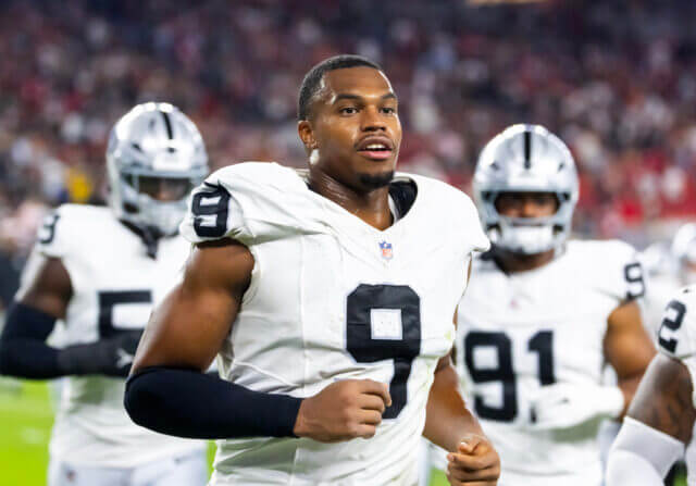 Aug 23, 2025; Glendale, Arizona, USA; Las Vegas Raiders defensive end Tyree Wilson (9) against the Arizona Cardinals during a preseason NFL game at State Farm Stadium. Mandatory Credit: Mark J. Rebilas-Imagn Images Tyree Wilson, Raiders