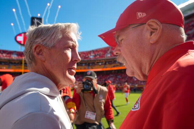 Oct 19, 2025; Kansas City, Missouri, USA; Las Vegas Raiders head coach Pete Carroll and Kansas City Chiefs head coach Andy Reid shake hands after the game at GEHA Field at Arrowhead Stadium. Mandatory Credit: Jay Biggerstaff-Imagn Images Pete Carroll, Raiders, Andy Reid, Chiefs