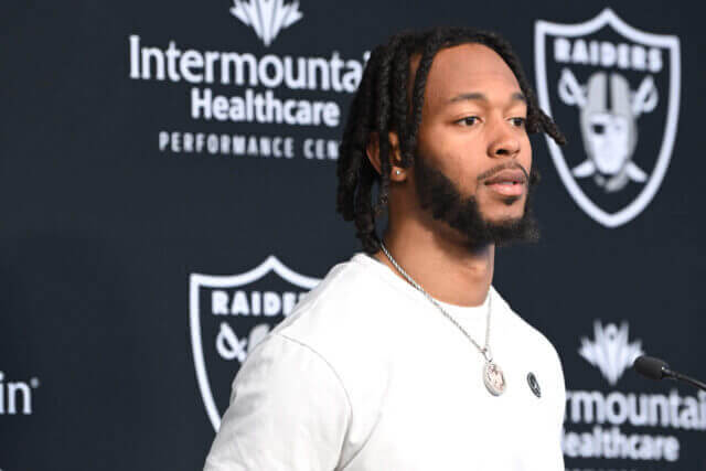 Mar 16, 2023; Henderson, NV, USA; New Las Vegas Raiders wide receiver Jakobi Meyers speaks to the media at Intermountain Healthcare Performance Center. Mandatory Credit: Candice Ward-USA TODAY Sports Jakobi Meyers, Raiders